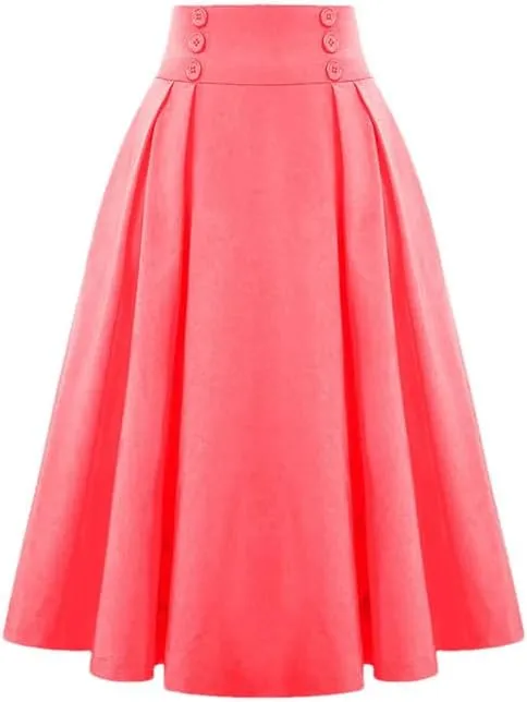 Women's Vintage Casual Long A-Line High Waist Skirt Elegant Double Breasted Large Swing Pleated Skirt