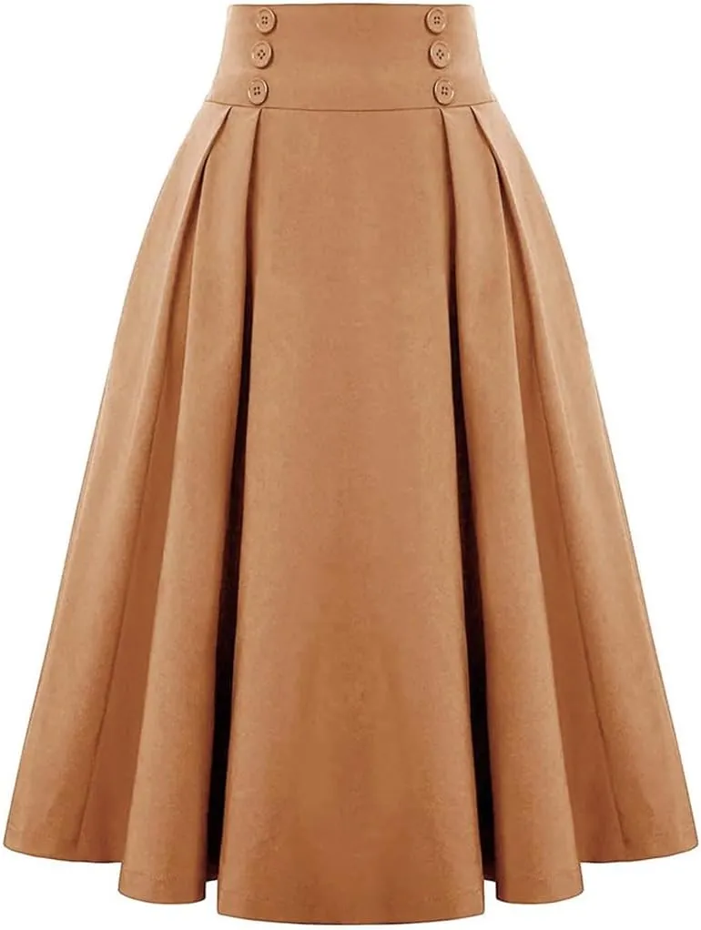 Women's Vintage Casual Long A-Line High Waist Skirt Elegant Double Breasted Large Swing Pleated Skirt