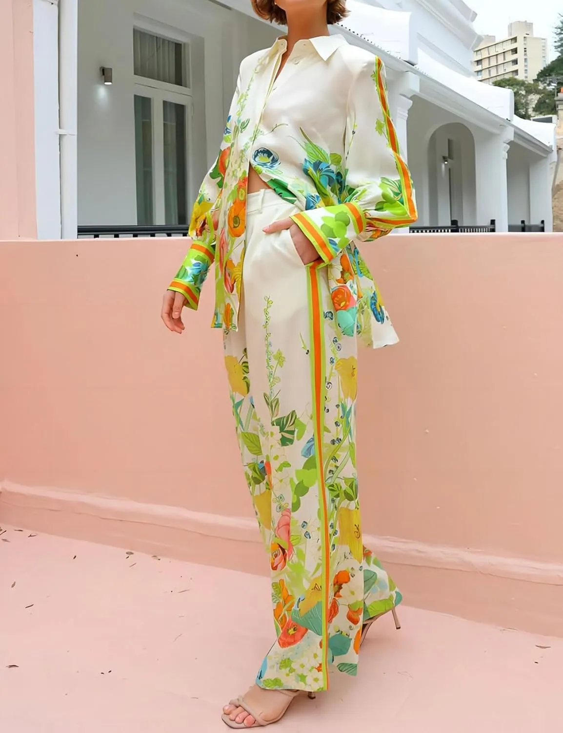 Womens Vintage Graffiti 2 Piece Long Sleeve Tops Pants Pajama Set Floral Fruit Print Beachwear Suit Boho Pjs Set
