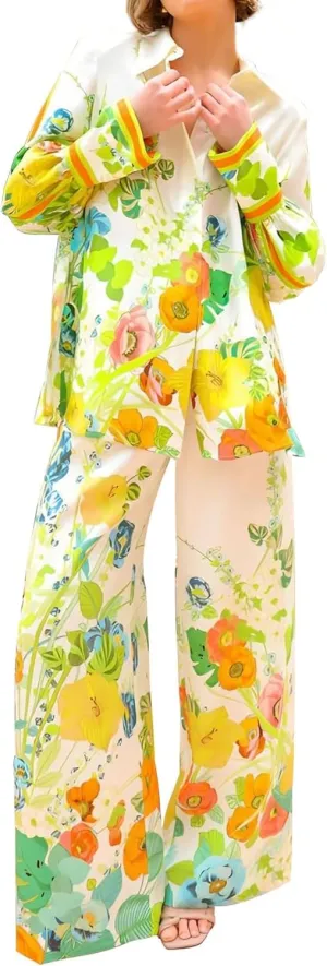 Womens Vintage Graffiti 2 Piece Long Sleeve Tops Pants Pajama Set Floral Fruit Print Beachwear Suit Boho Pjs Set