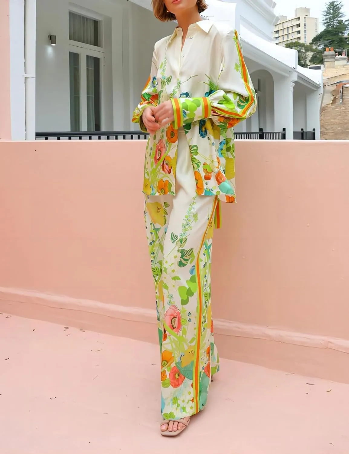 Womens Vintage Graffiti 2 Piece Long Sleeve Tops Pants Pajama Set Floral Fruit Print Beachwear Suit Boho Pjs Set