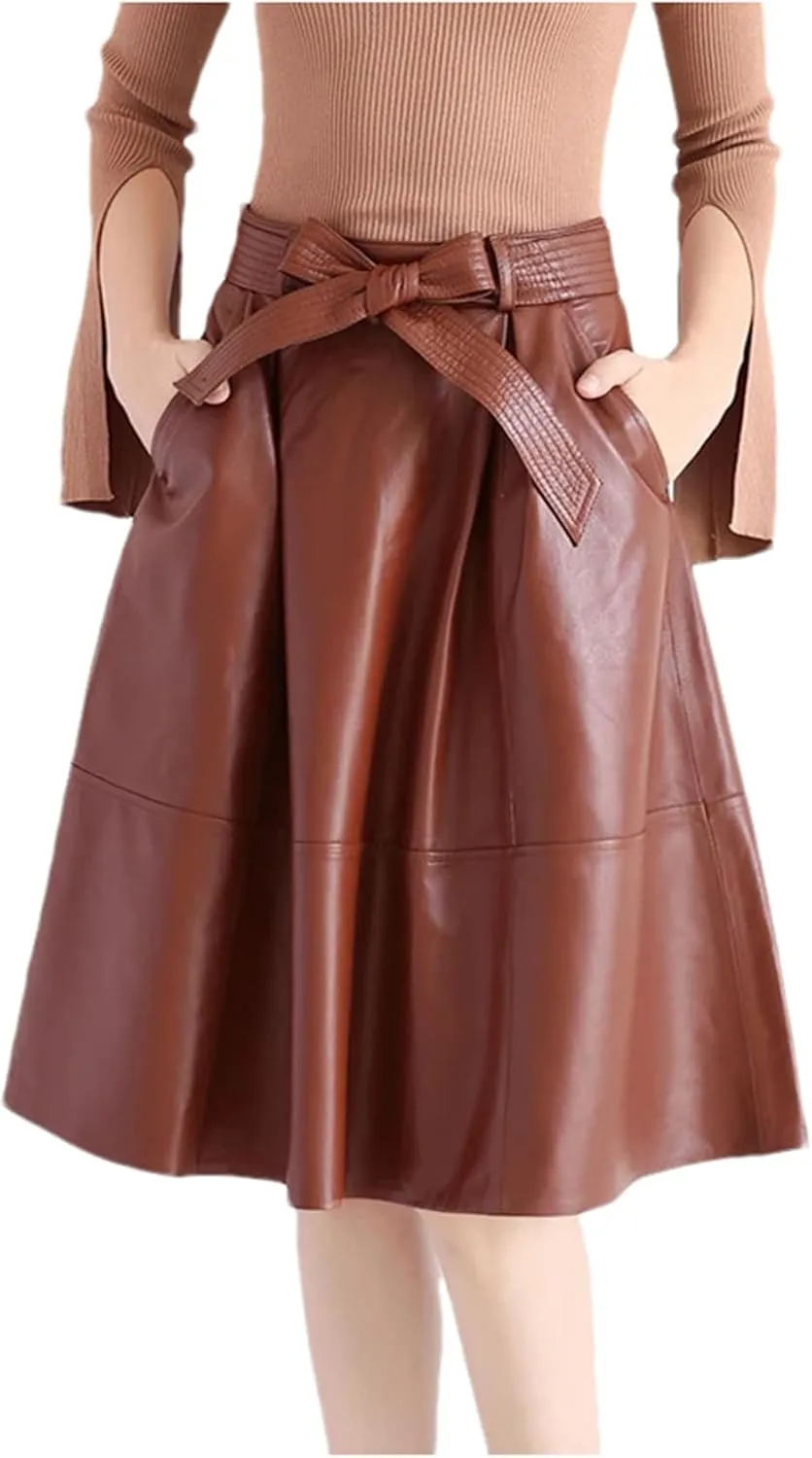 Womens Winter Leather Midi Skirt Retro High Waist Sexy Slim Bow Belt A-Line Pleated Skirt