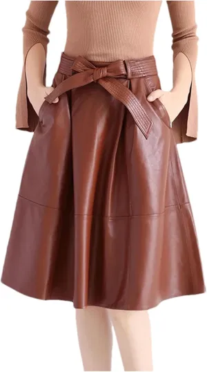 Womens Winter Leather Midi Skirt Retro High Waist Sexy Slim Bow Belt A-Line Pleated Skirt