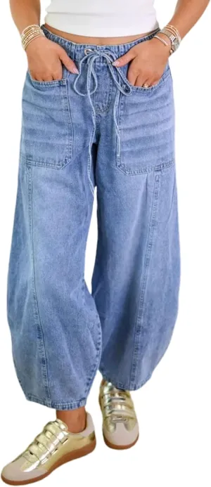 Yeokou Women Stretchy Jeans Drawstring Elastic Waist Denim Pants Cropped Casual Harem Trousers with Pockets
