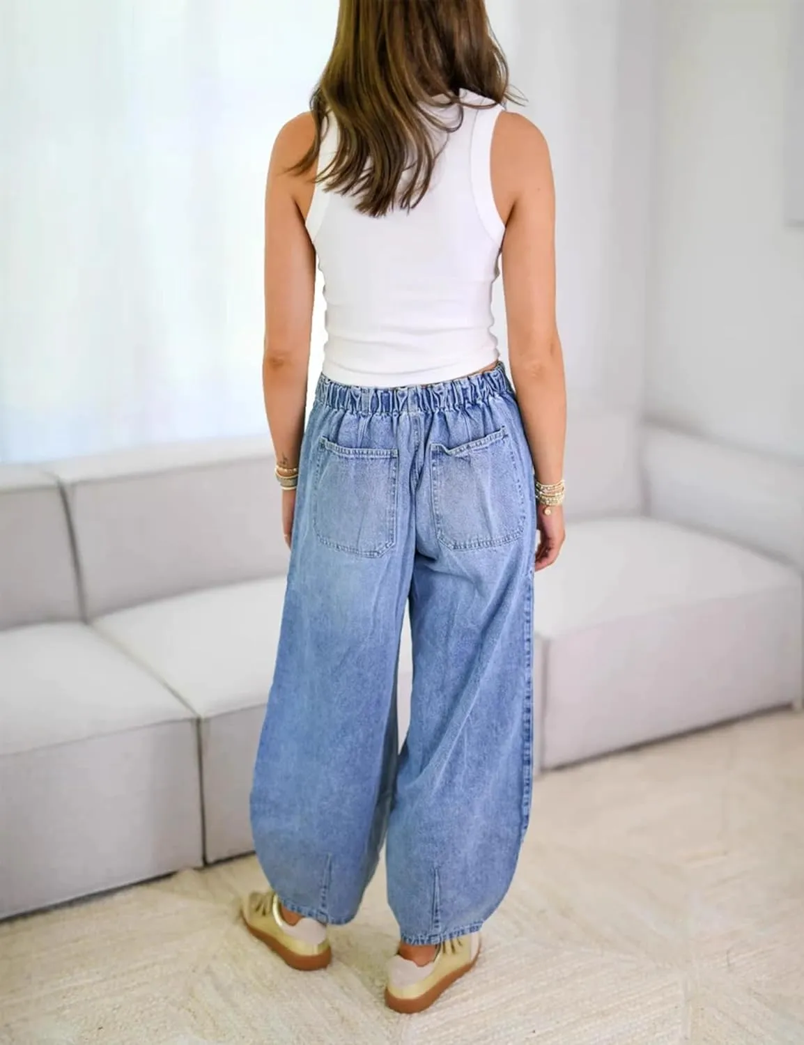 Yeokou Women Stretchy Jeans Drawstring Elastic Waist Denim Pants Cropped Casual Harem Trousers with Pockets
