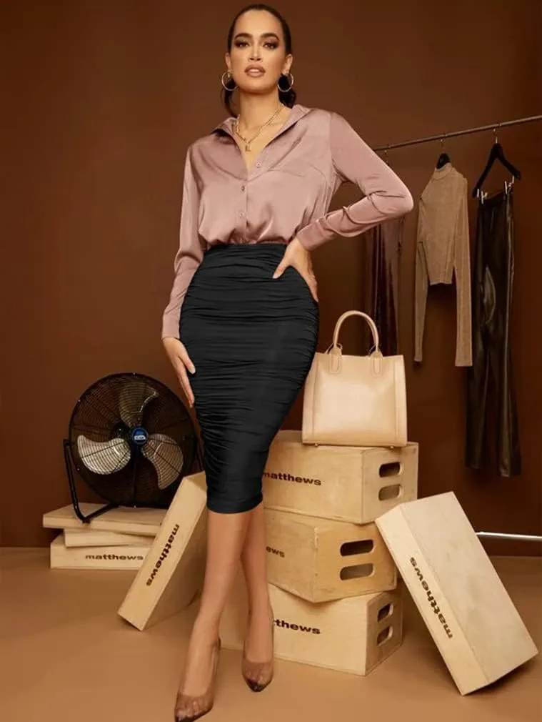 YMDUCH Women's Sexy Ruched Bodycon Elasticity Tight Casual Club Pencil Skirt