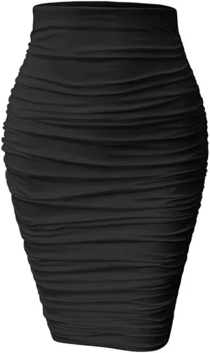 YMDUCH Women's Sexy Ruched Bodycon Elasticity Tight Casual Club Pencil Skirt