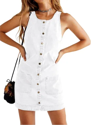 Yousify Womens Casual Sleeveless Denim Overalls Dresses Button Down Summer Jean Mini Dress 2025 Trendy Romper With Pockets