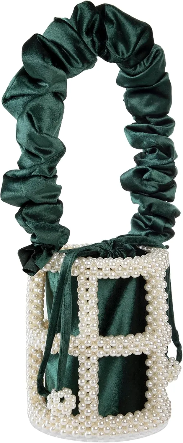 YUSHINY Women Faux Pearl Beaded Evening Pleuche Handle Bucket Hollow-Block Bags with Velvet Lining for Wedding Party