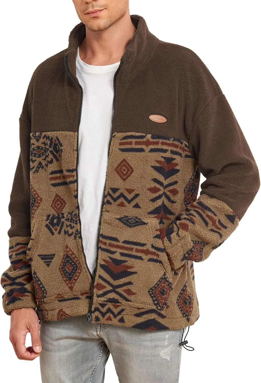 ZAFUL Men Ethnic Aztec Printed Fluffy Fuzzy Jacket Plush Fleece Casual Stand Collar Zip Outwear Cardigan Coat with Pockets