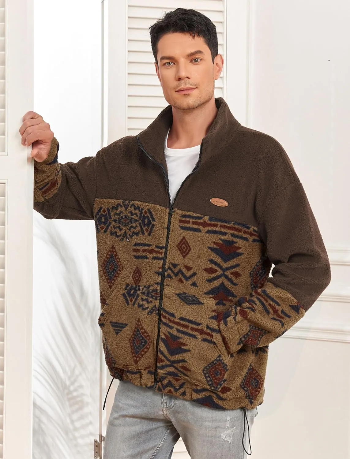 ZAFUL Men Ethnic Aztec Printed Fluffy Fuzzy Jacket Plush Fleece Casual Stand Collar Zip Outwear Cardigan Coat with Pockets
