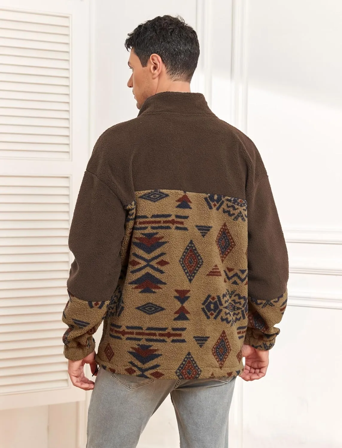 ZAFUL Men Ethnic Aztec Printed Fluffy Fuzzy Jacket Plush Fleece Casual Stand Collar Zip Outwear Cardigan Coat with Pockets