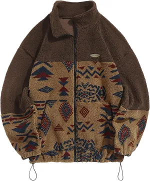 ZAFUL Men Ethnic Aztec Printed Fluffy Fuzzy Jacket Plush Fleece Casual Stand Collar Zip Outwear Cardigan Coat with Pockets