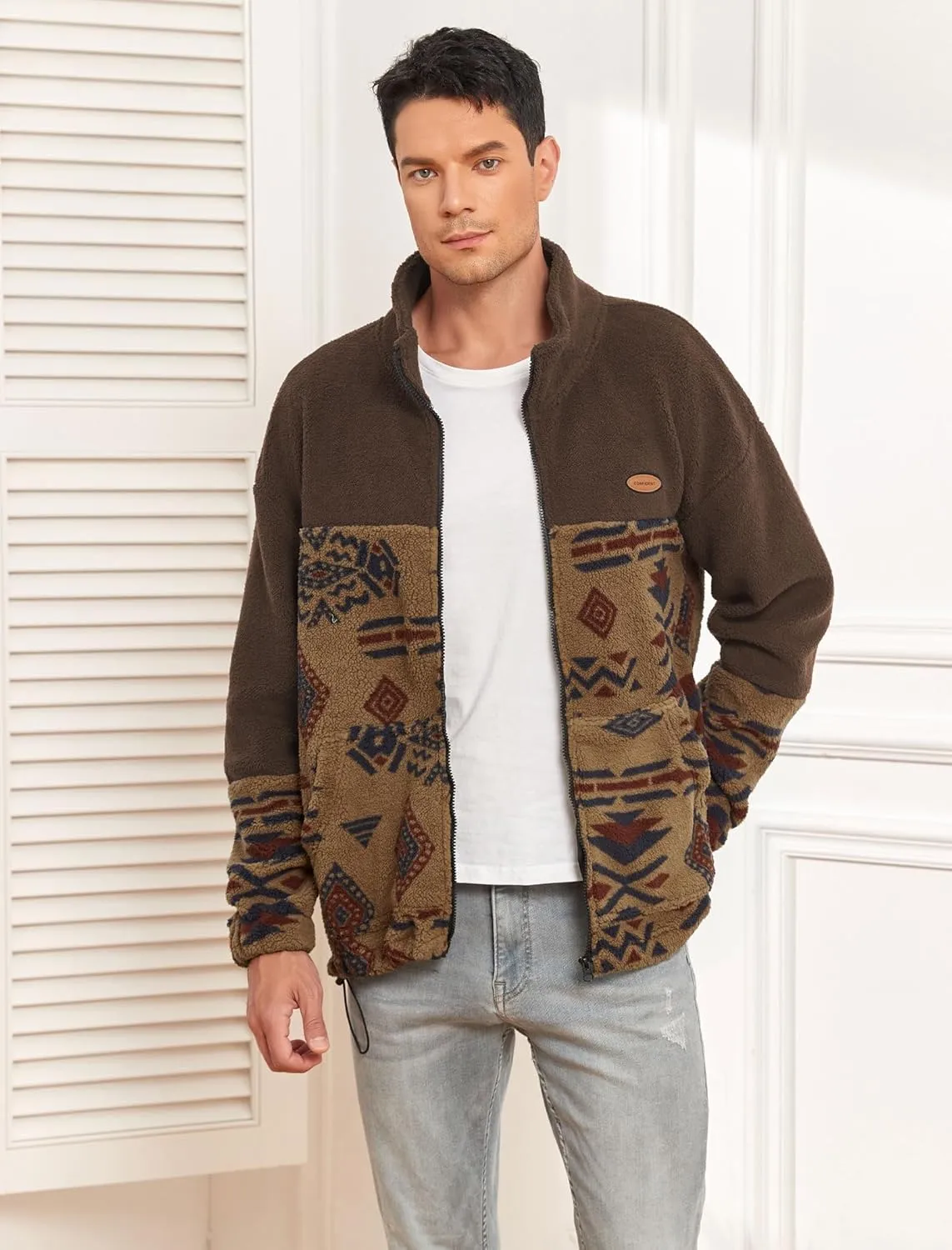 ZAFUL Men Ethnic Aztec Printed Fluffy Fuzzy Jacket Plush Fleece Casual Stand Collar Zip Outwear Cardigan Coat with Pockets