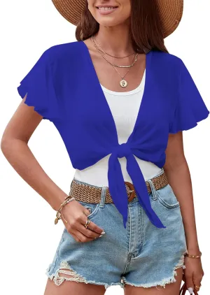 ZAFUL Women's Chiffon Cropped Bolero Sheer Shrugs for Dress Short Sleeve Tie Front Cardigan