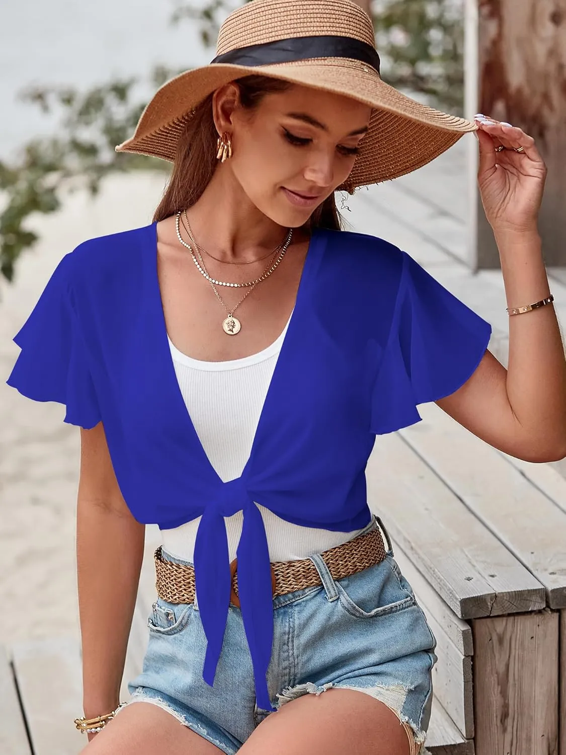 ZAFUL Women's Chiffon Cropped Bolero Sheer Shrugs for Dress Short Sleeve Tie Front Cardigan