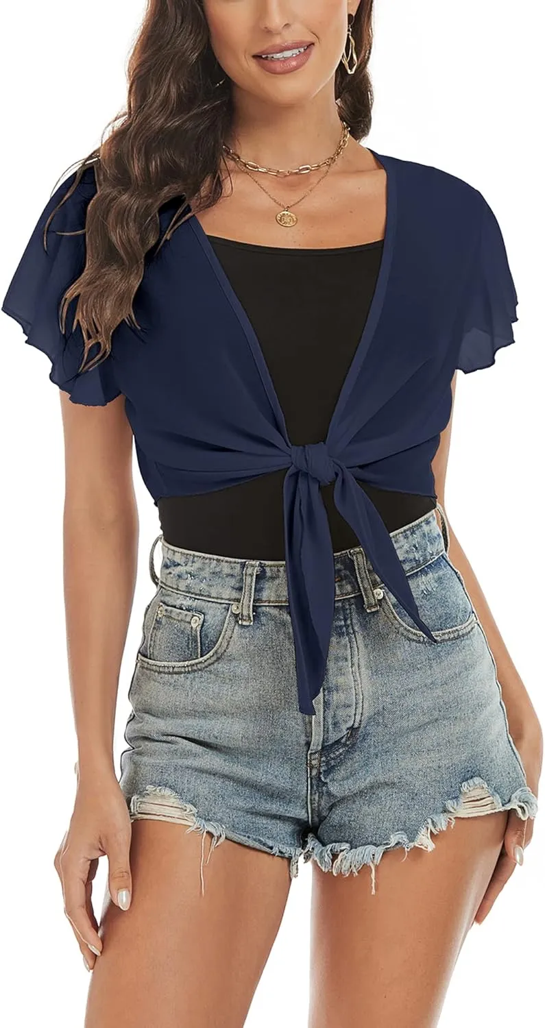 ZAFUL Women's Chiffon Cropped Bolero Sheer Shrugs for Dress Short Sleeve Tie Front Cardigan