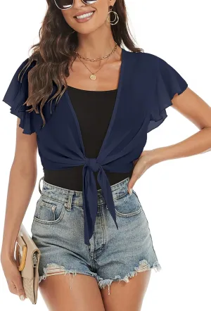 ZAFUL Women's Chiffon Cropped Bolero Sheer Shrugs for Dress Short Sleeve Tie Front Cardigan