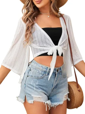 ZAFUL Women's Cropped Bolero Sheer Shrugs for Dress Short Sleeve Tie Front Cardigan