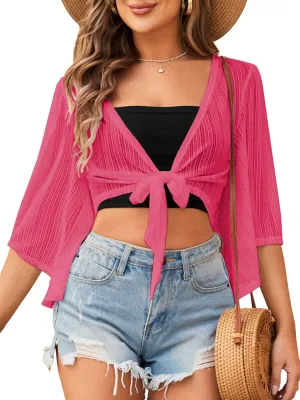 ZAFUL Women's Cropped Bolero Sheer Shrugs for Dress Short Sleeve Tie Front Cardigan