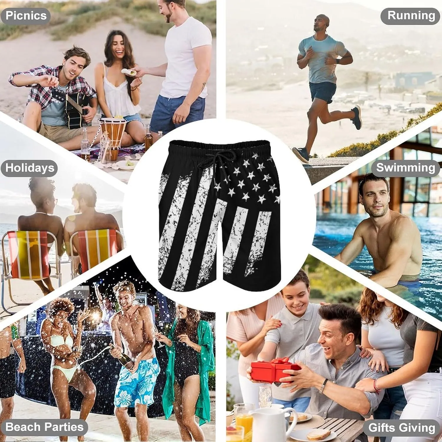 Zakqeik American-Flag Summer Mens Swimtrunks Workout Shorts Running Pants with Pockets