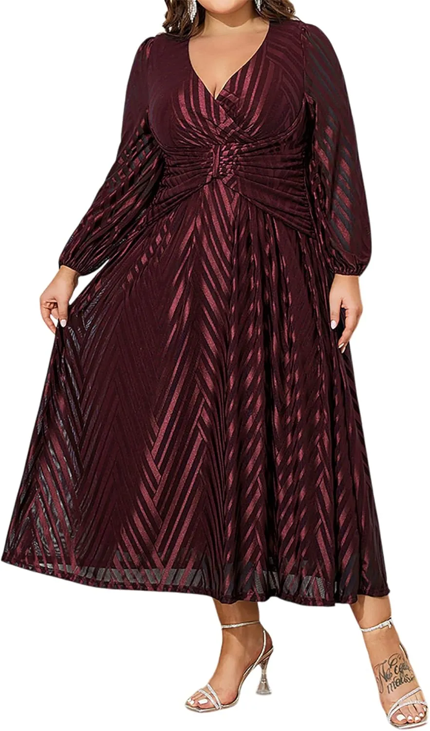 ZNU Women Plus Size Long Formal Dress, Jacquard Mesh V Neck Elegant Gown for Church, Evening, Cocktail, Outgoing