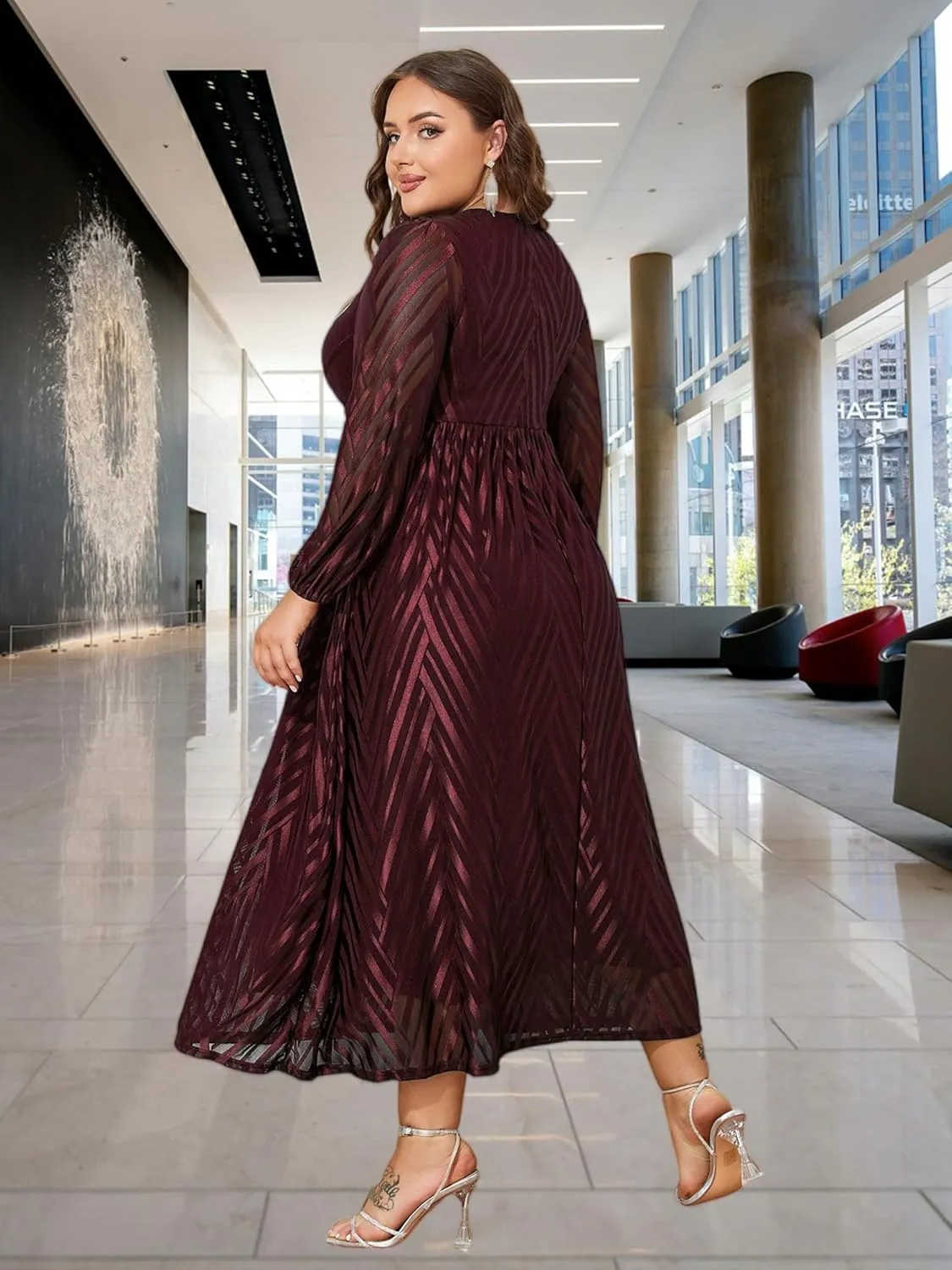 ZNU Women Plus Size Long Formal Dress, Jacquard Mesh V Neck Elegant Gown for Church, Evening, Cocktail, Outgoing