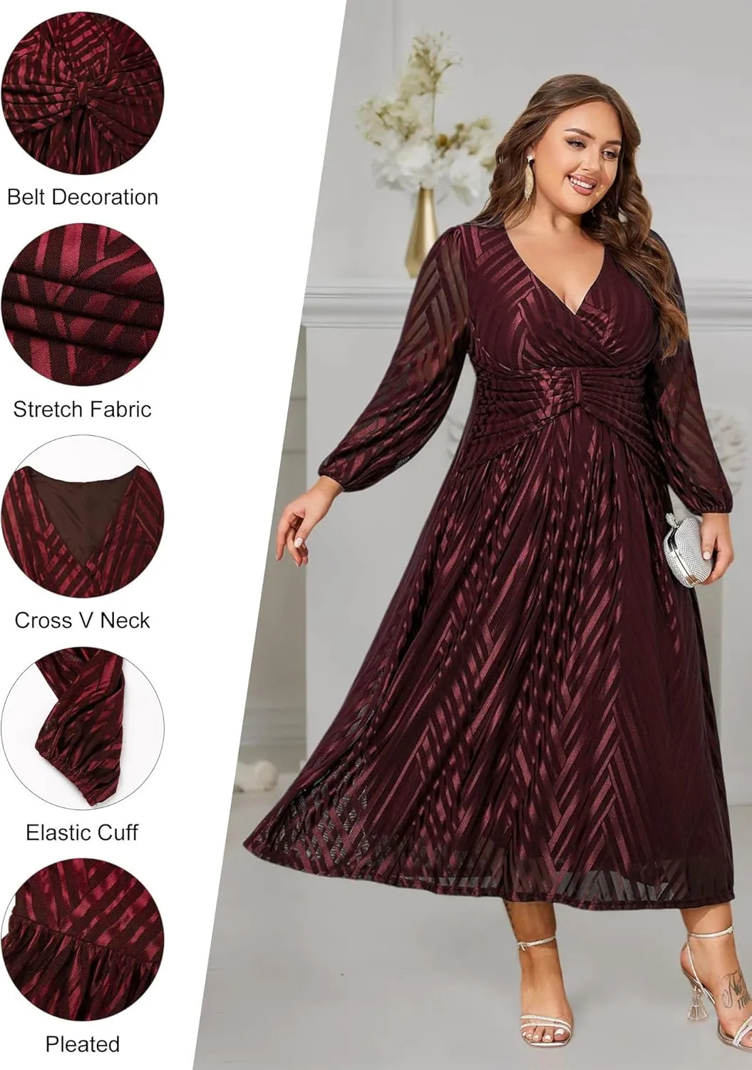ZNU Women Plus Size Long Formal Dress, Jacquard Mesh V Neck Elegant Gown for Church, Evening, Cocktail, Outgoing