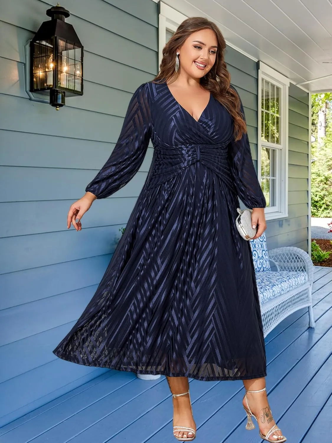 ZNU Women Plus Size Long Formal Dress, Jacquard Mesh V Neck Elegant Gown for Church, Evening, Cocktail, Outgoing