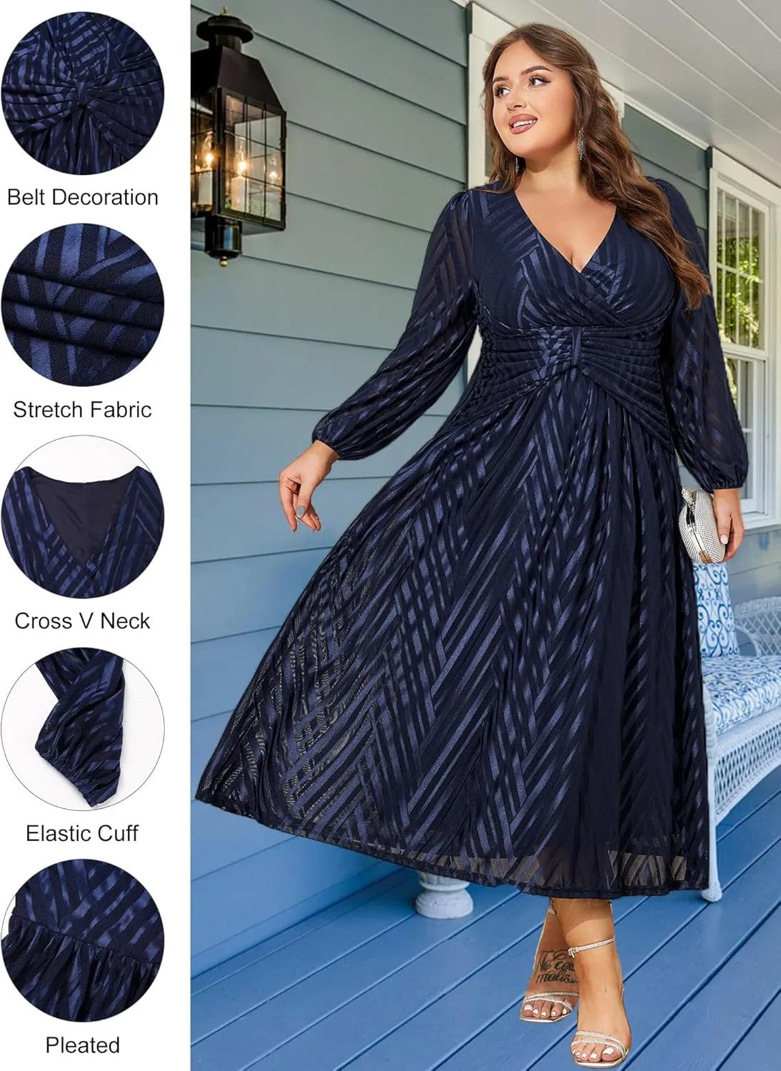 ZNU Women Plus Size Long Formal Dress, Jacquard Mesh V Neck Elegant Gown for Church, Evening, Cocktail, Outgoing