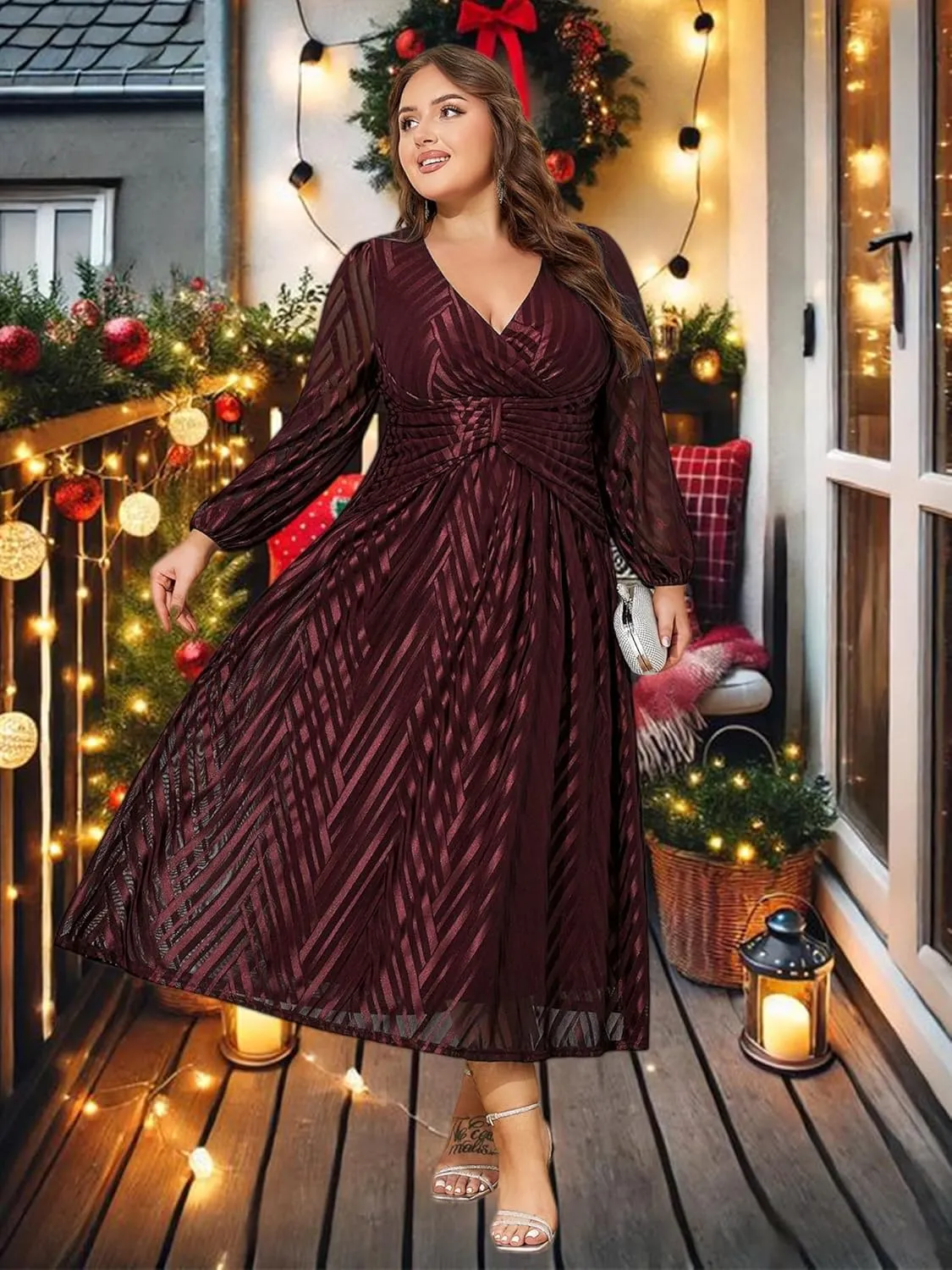 ZNU Women Plus Size Long Formal Dress, Jacquard Mesh V Neck Elegant Gown for Church, Evening, Cocktail, Outgoing