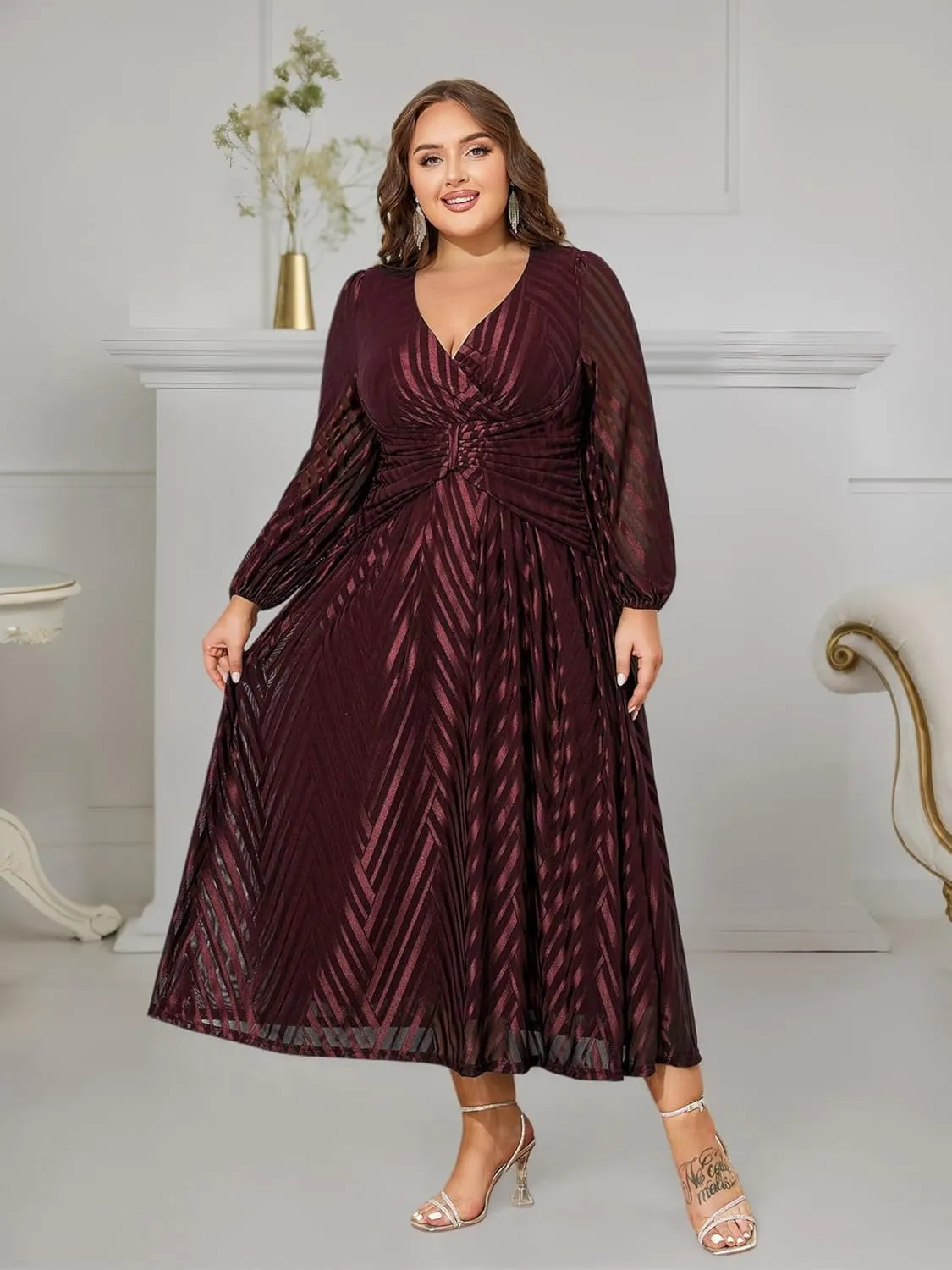 ZNU Women Plus Size Long Formal Dress, Jacquard Mesh V Neck Elegant Gown for Church, Evening, Cocktail, Outgoing