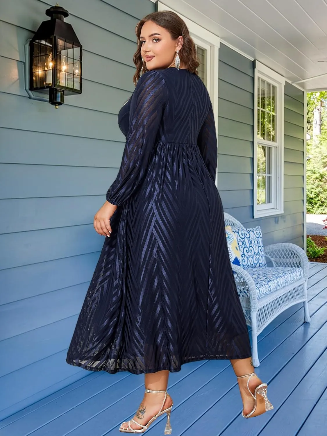 ZNU Women Plus Size Long Formal Dress, Jacquard Mesh V Neck Elegant Gown for Church, Evening, Cocktail, Outgoing