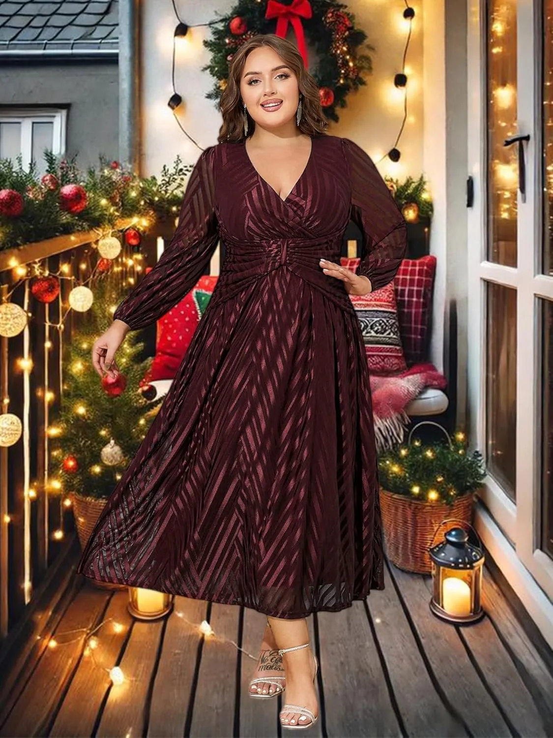 ZNU Women Plus Size Long Formal Dress, Jacquard Mesh V Neck Elegant Gown for Church, Evening, Cocktail, Outgoing