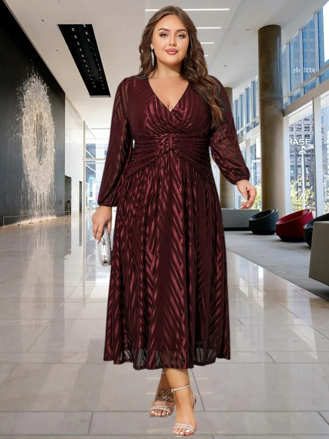 ZNU Women Plus Size Long Formal Dress, Jacquard Mesh V Neck Elegant Gown for Church, Evening, Cocktail, Outgoing