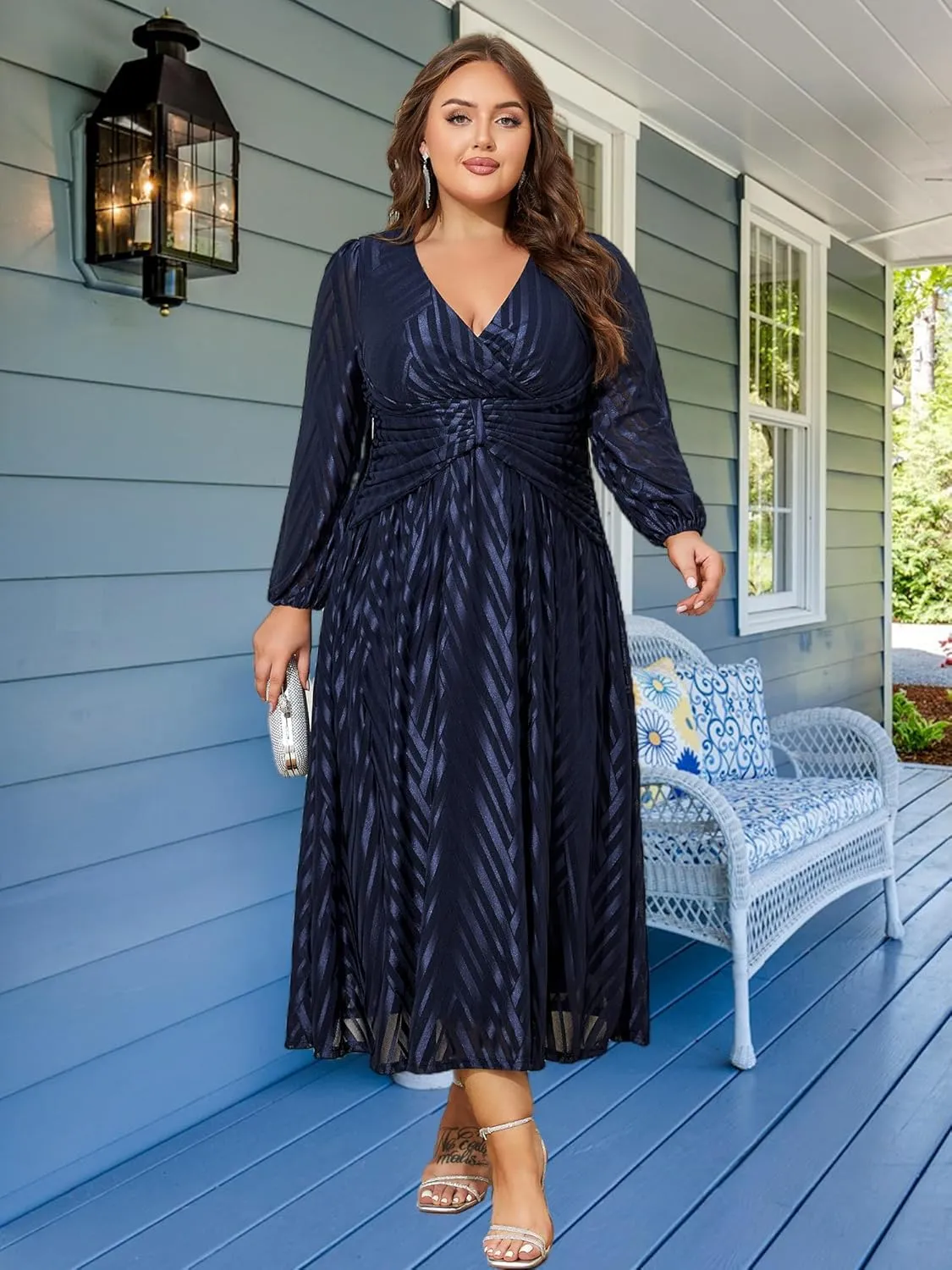 ZNU Women Plus Size Long Formal Dress, Jacquard Mesh V Neck Elegant Gown for Church, Evening, Cocktail, Outgoing