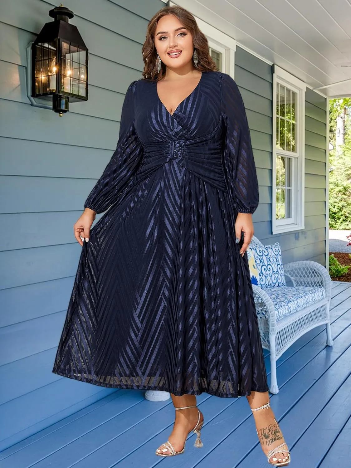 ZNU Women Plus Size Long Formal Dress, Jacquard Mesh V Neck Elegant Gown for Church, Evening, Cocktail, Outgoing