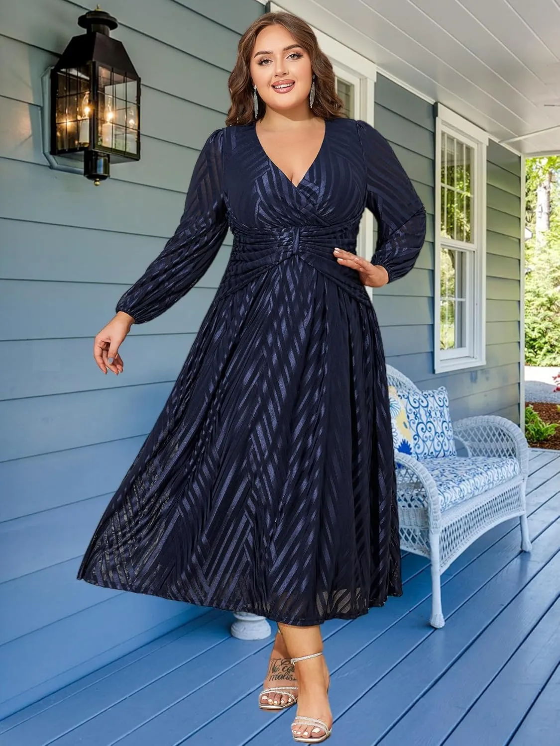 ZNU Women Plus Size Long Formal Dress, Jacquard Mesh V Neck Elegant Gown for Church, Evening, Cocktail, Outgoing