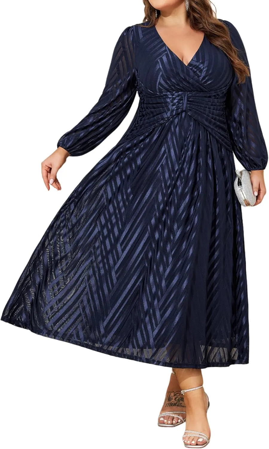 ZNU Women Plus Size Long Formal Dress, Jacquard Mesh V Neck Elegant Gown for Church, Evening, Cocktail, Outgoing